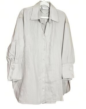 Zara Taupe 100% Linen Oversized Tunic XS Button up Elbow Cuff Sleeves NWOT